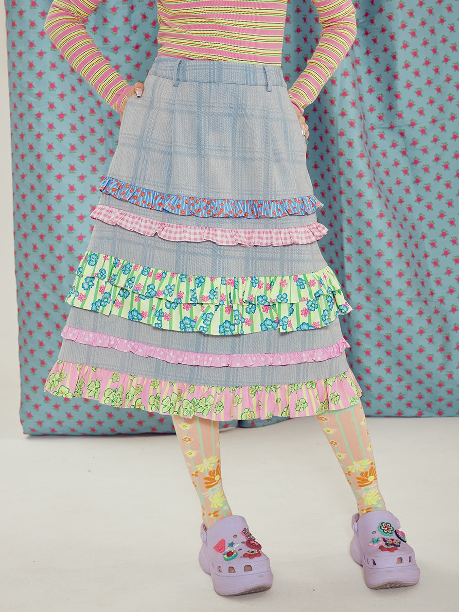 Rüschstich-Plaid-Denim A-Line-High-T-Rock