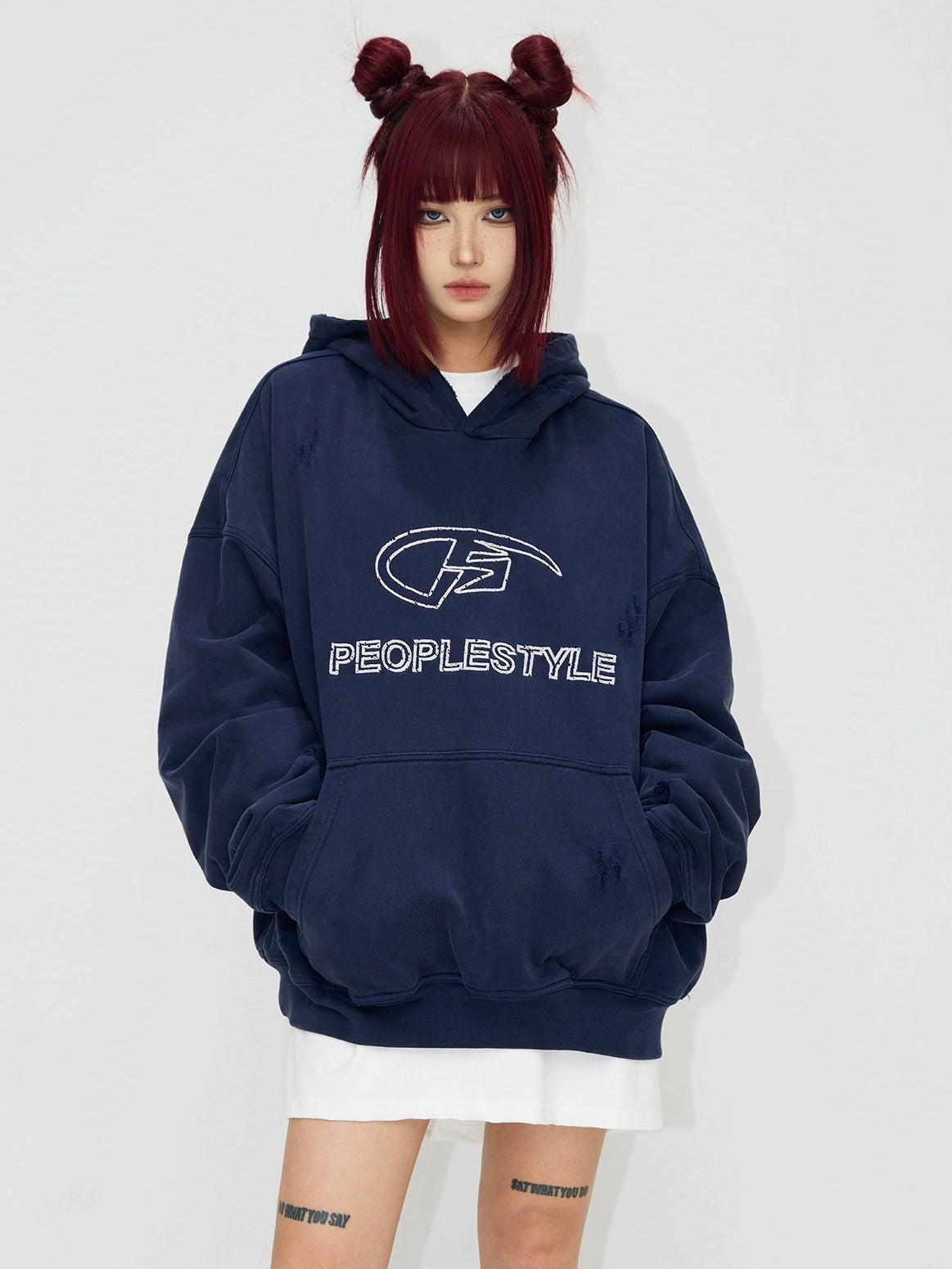 Print Distressed Washed Pullover Hoodie