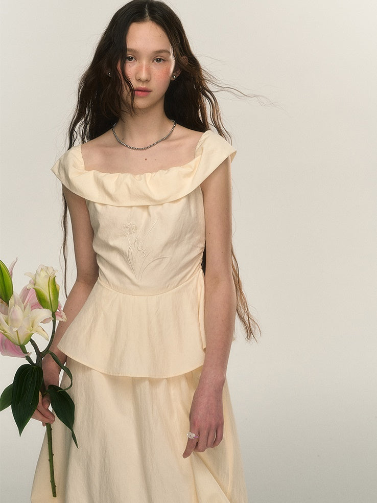 One-shoulder Embroidery Peplum Design One-piece