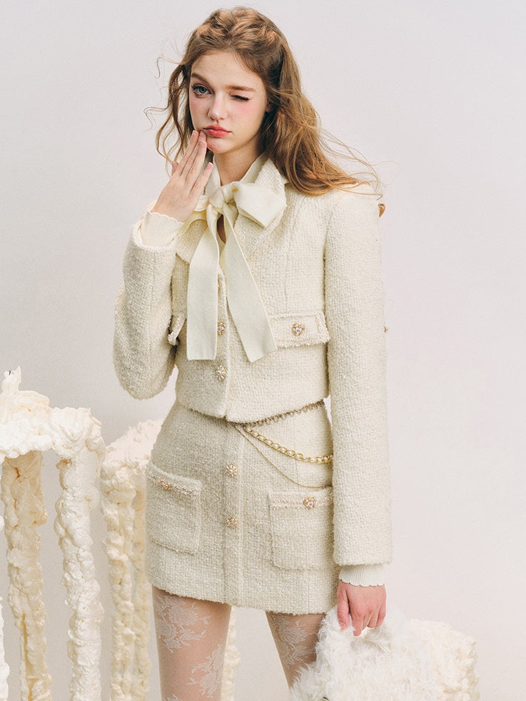 Tweed Cropped Slim Jacket & Pocket Design Mini Skirt
