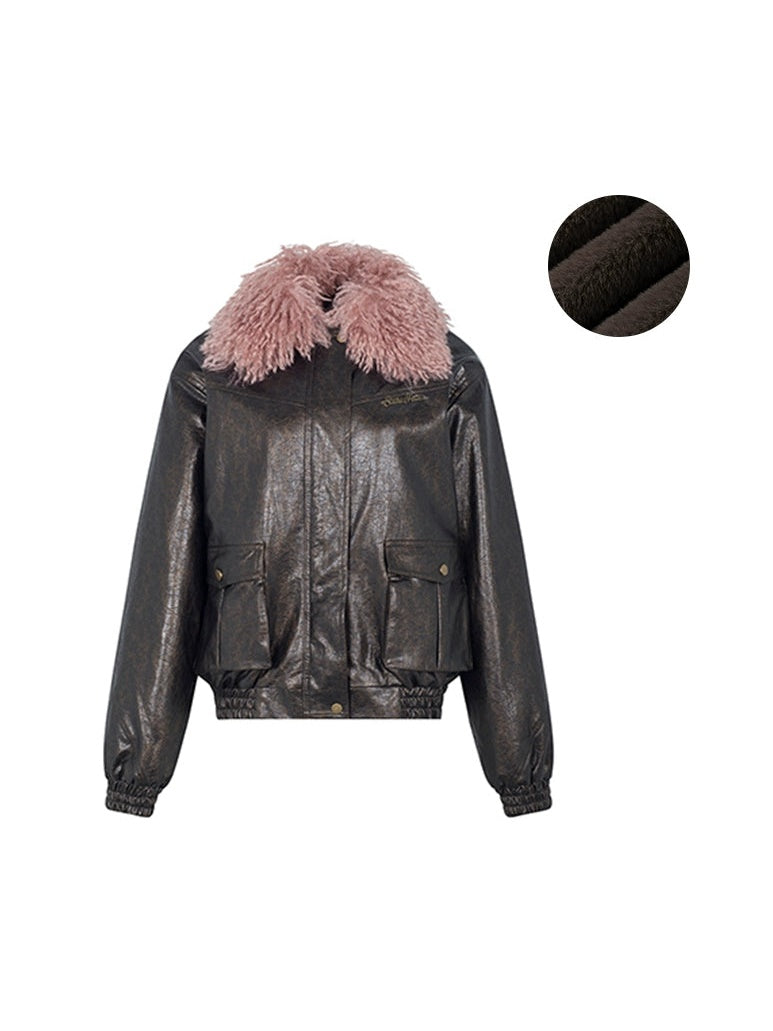 Abnehmbares Plüschkragen lose Lederjacke