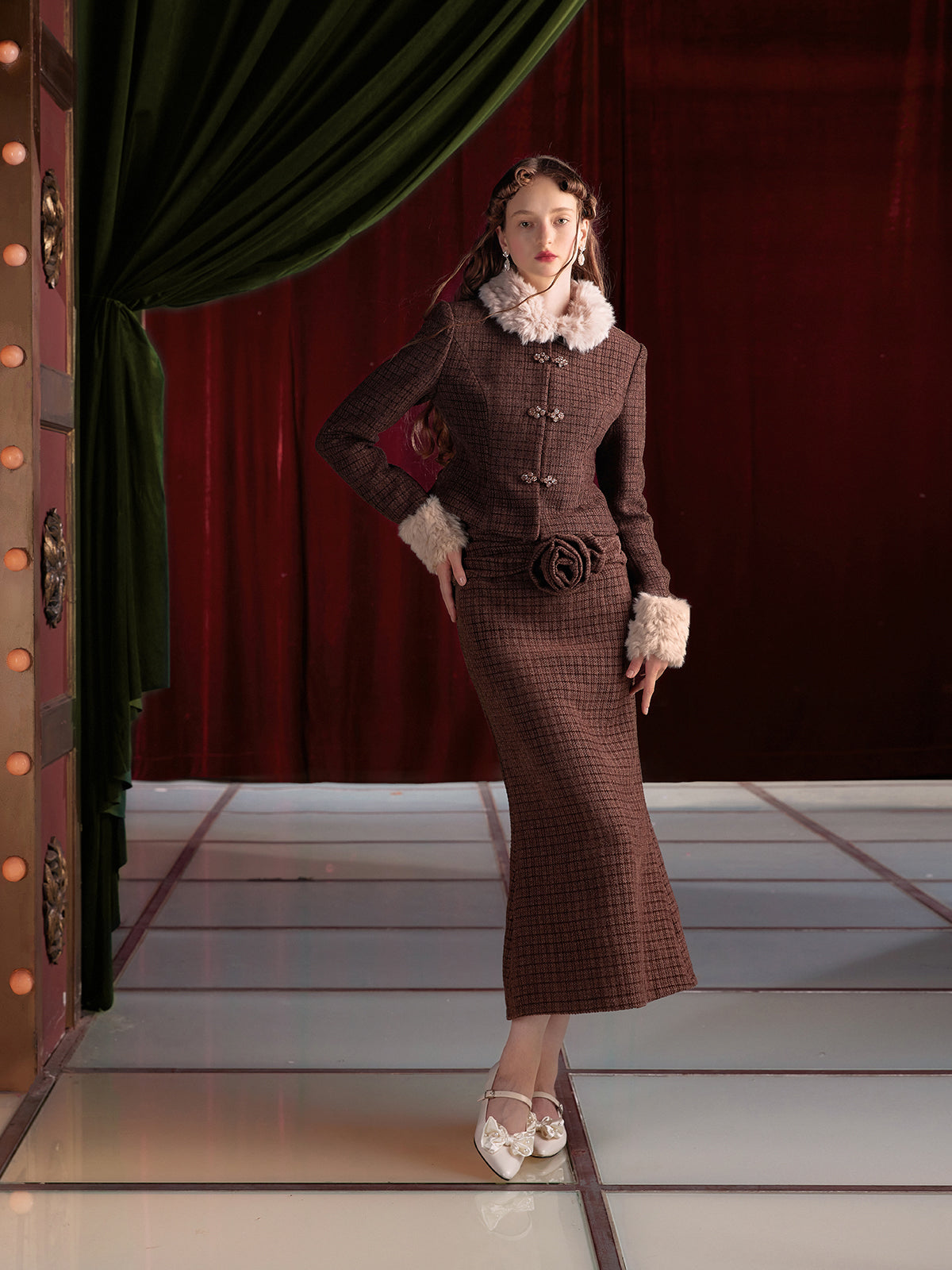 Tweed Style Fur Collar Jacket & Mermaid Skirt