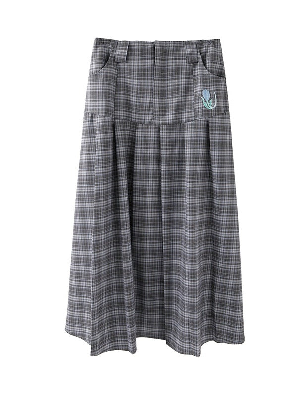 체크 무늬 튤립 자수 주름 치마