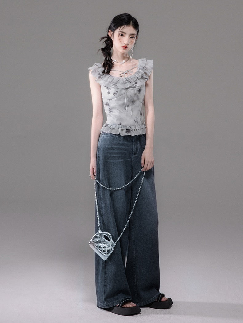 Double Strap Lace Stitch Denim Camisole & Wide-Leg Jeans Set-up