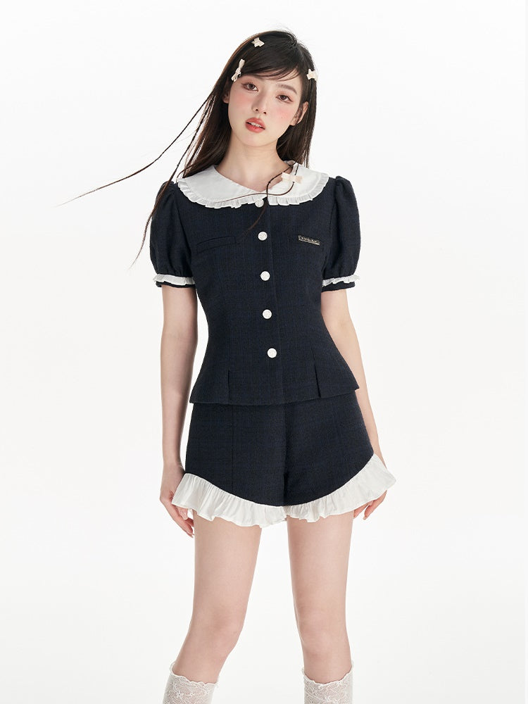 Doll Collar Puff Sleeves Small Fragrance Top & Frill Shorts