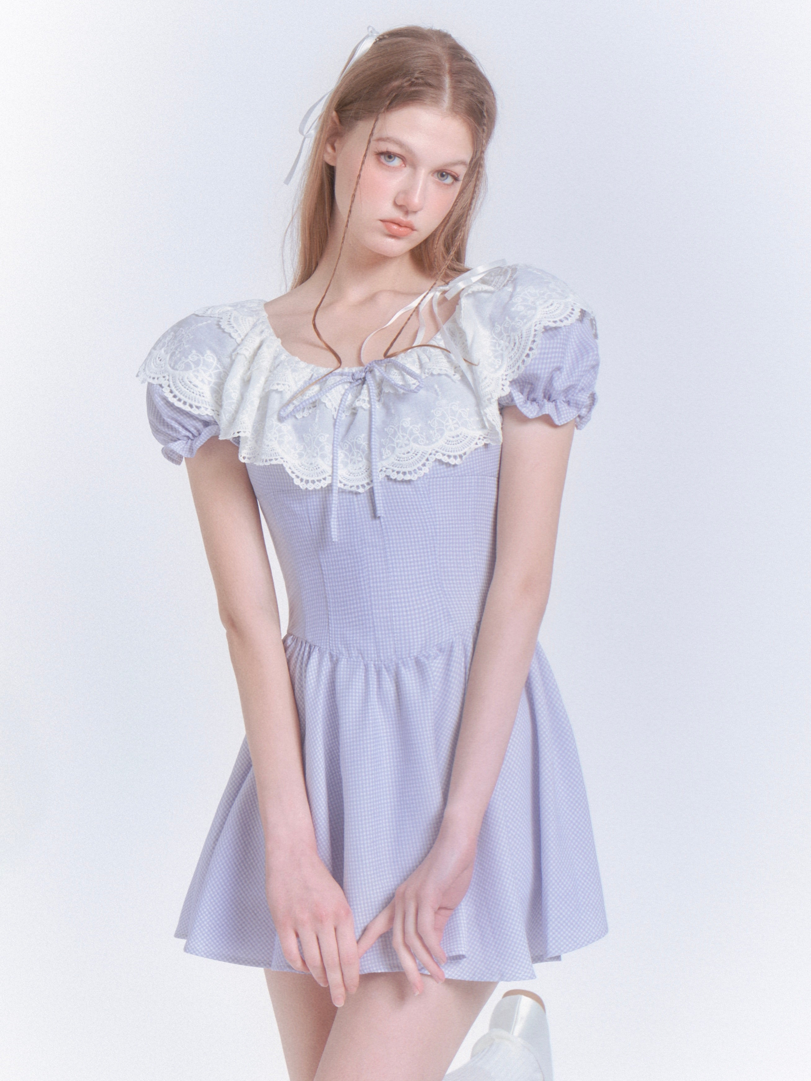 Netzspitze Stickerei Prinzessin Puffärmel Kleid