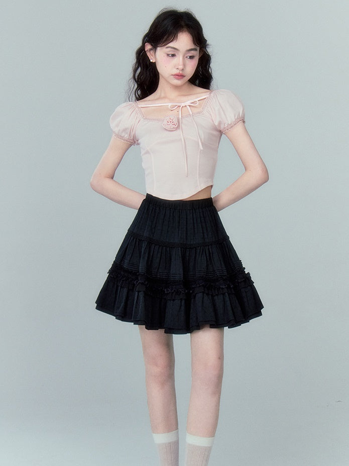 Rose Desire Square Neck Puff Ärmel T-Shirt