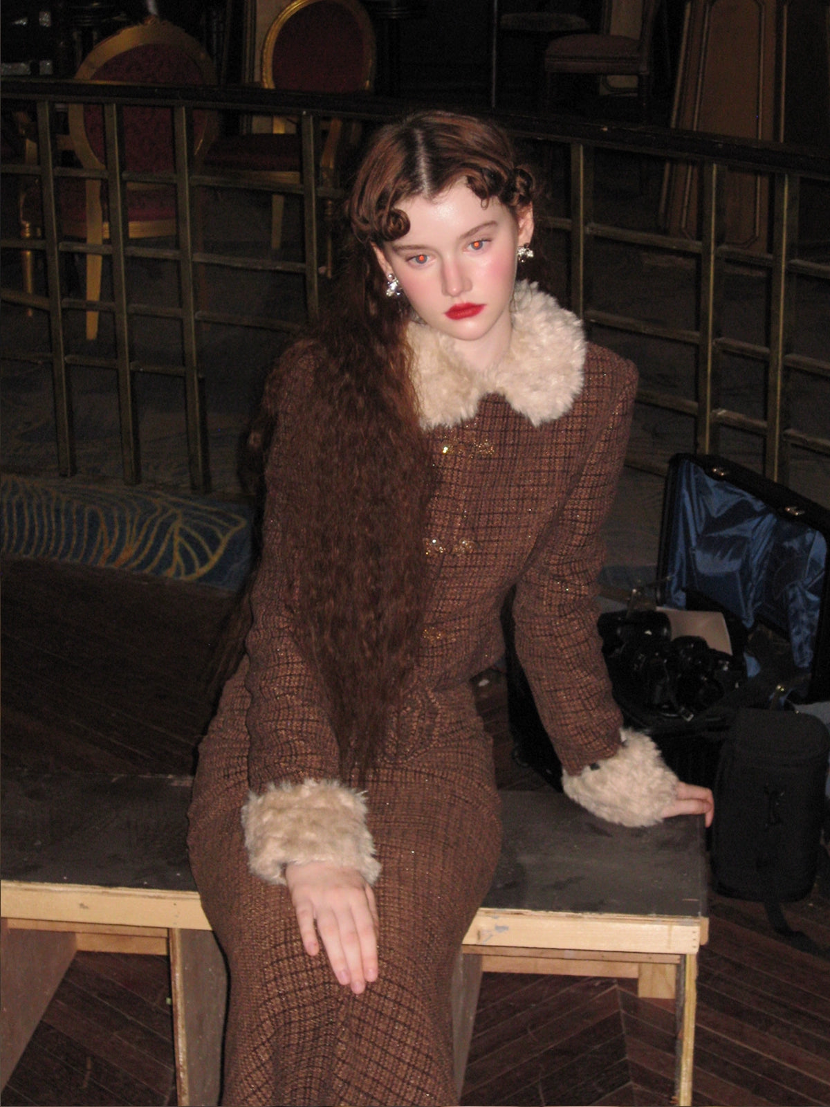 Tweed Style Fur Collar Jacket & Mermaid Skirt