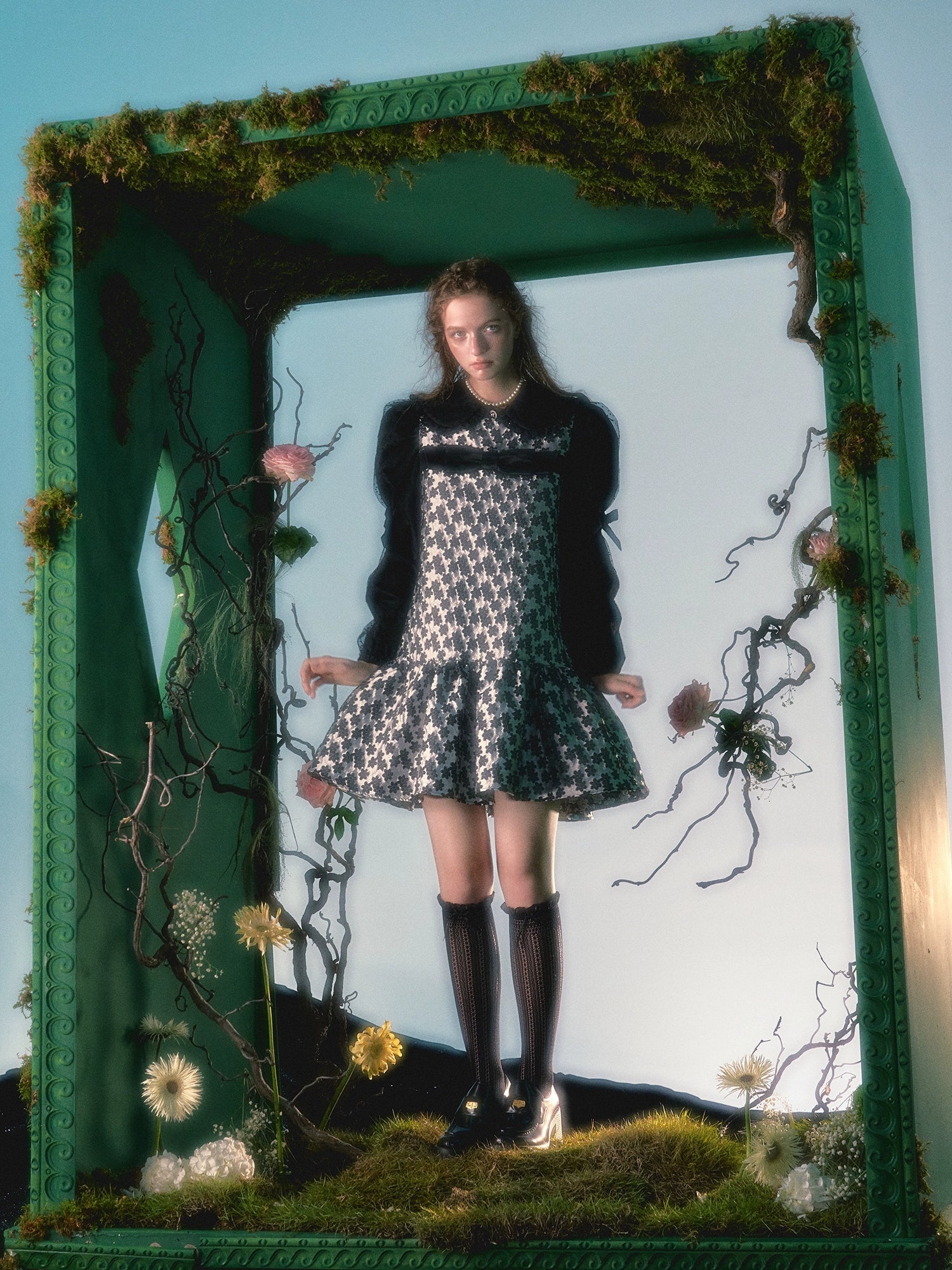 Blumenjacquard Ribbon Puffy Sundress