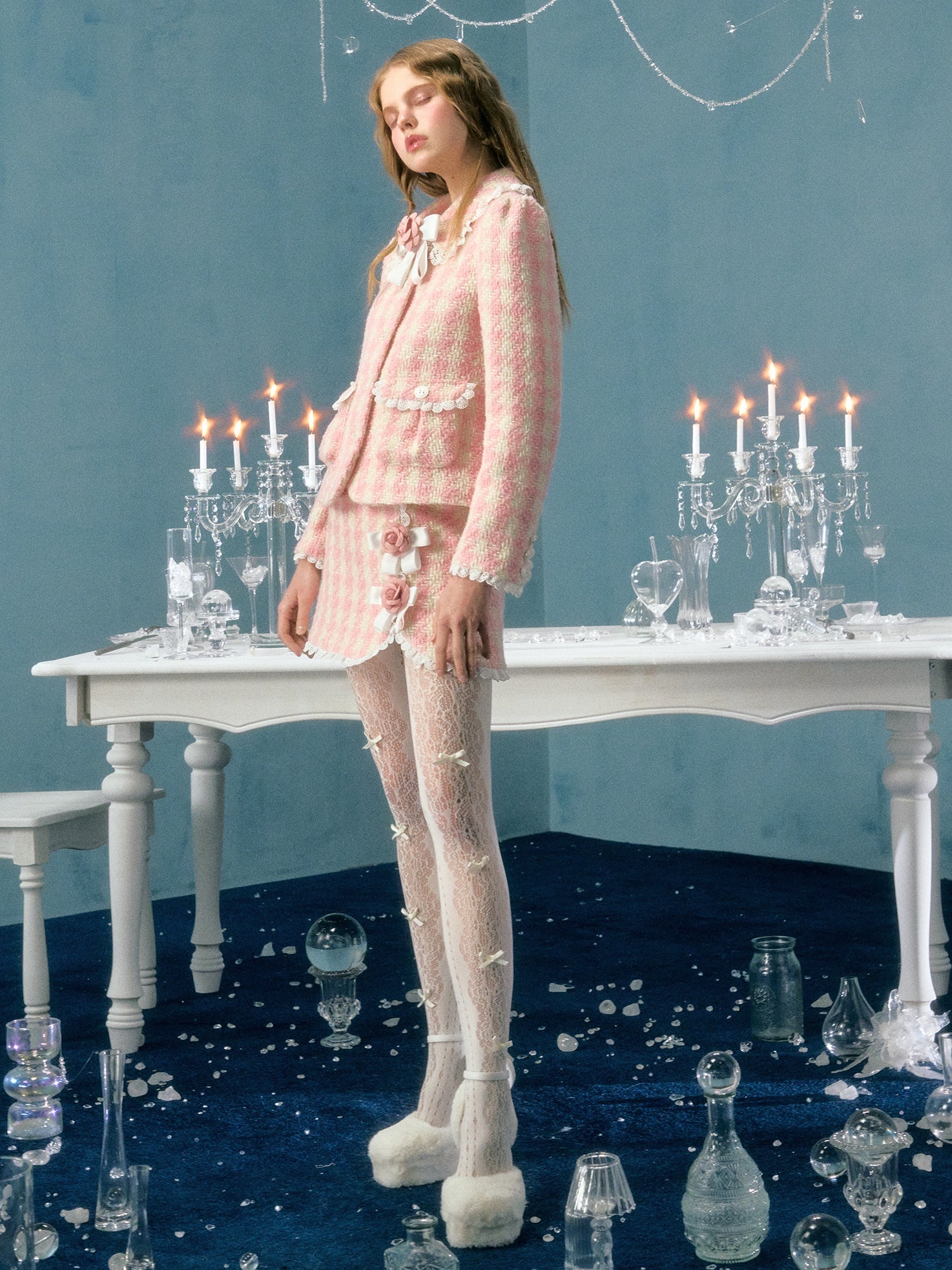 Plaid Bow Flower Brosche Spee Paded Short Jacket & Rock