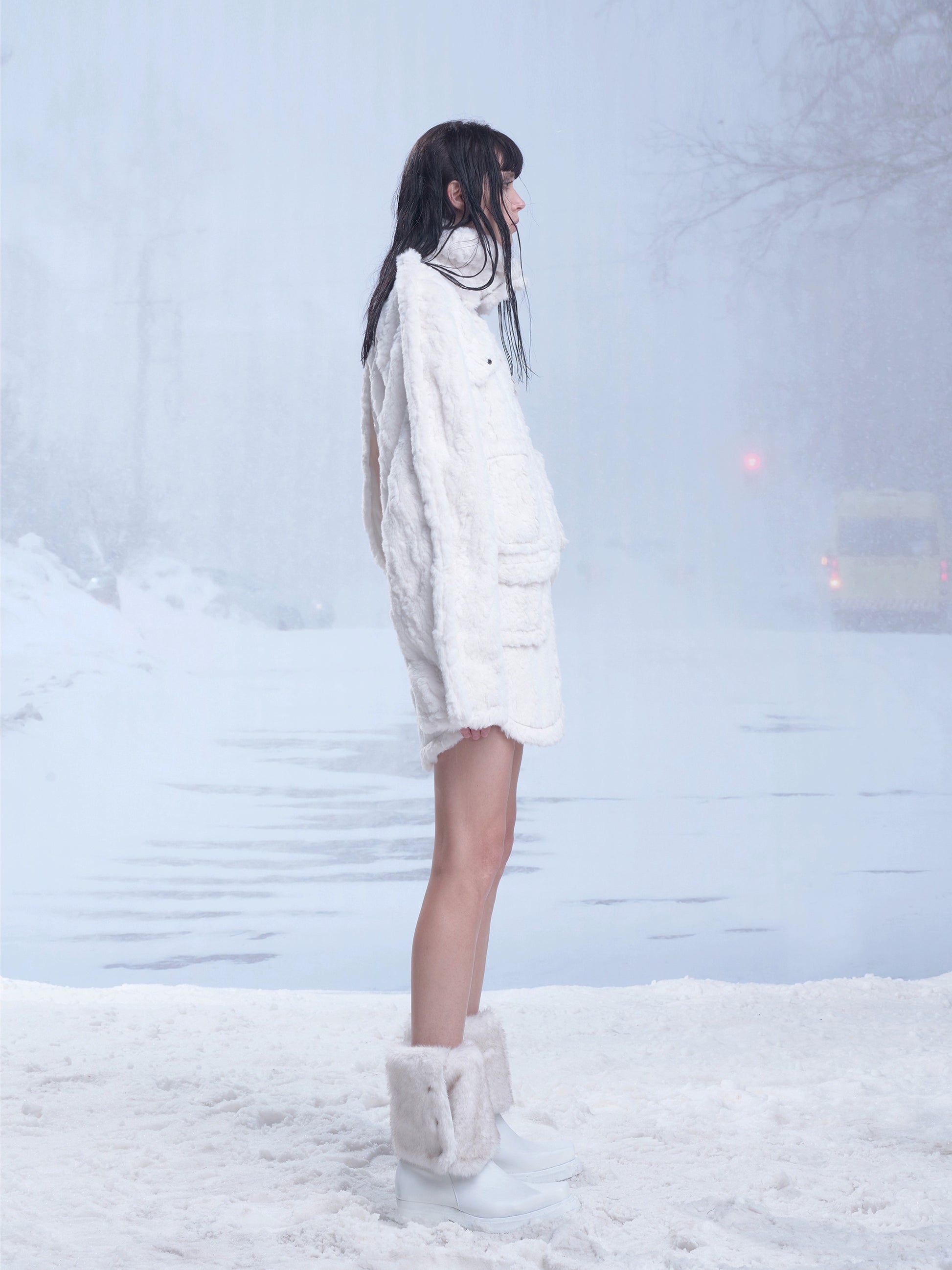 Fluffy Fur Hollow Short Jacket & Wrap Design Skirt