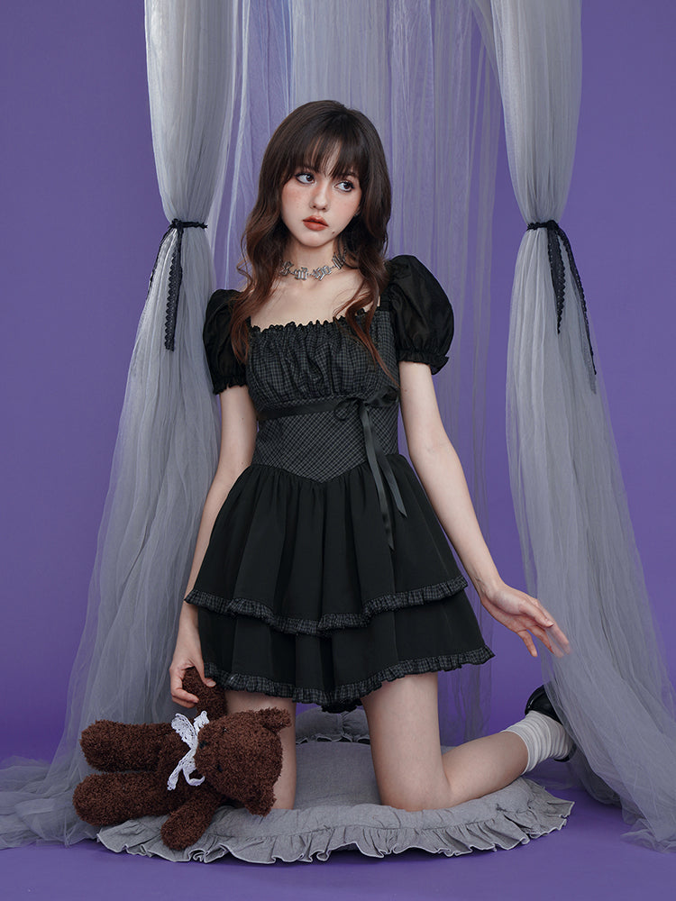 Grid Puff Sleeve Cake Dress