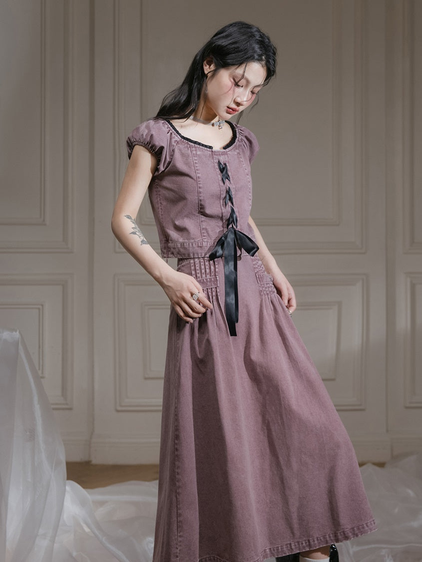 Washed Denim Lace-Up Top & A-Line Skirt Set-up