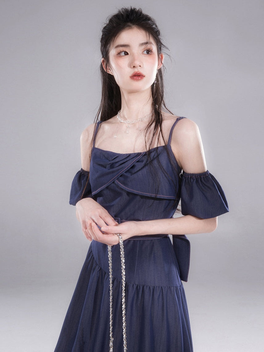 이동식 짧은 슬리브가있는 긴 슬립 라인 드레스