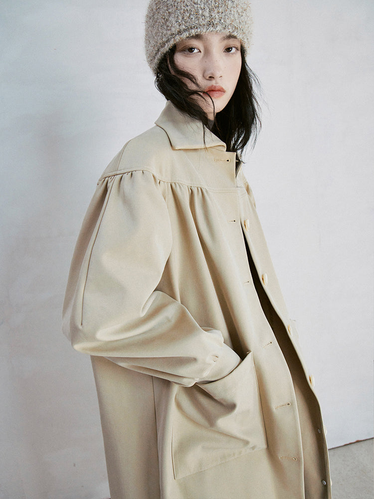 Dropped Shoulder Gather Convertible Collar Coat