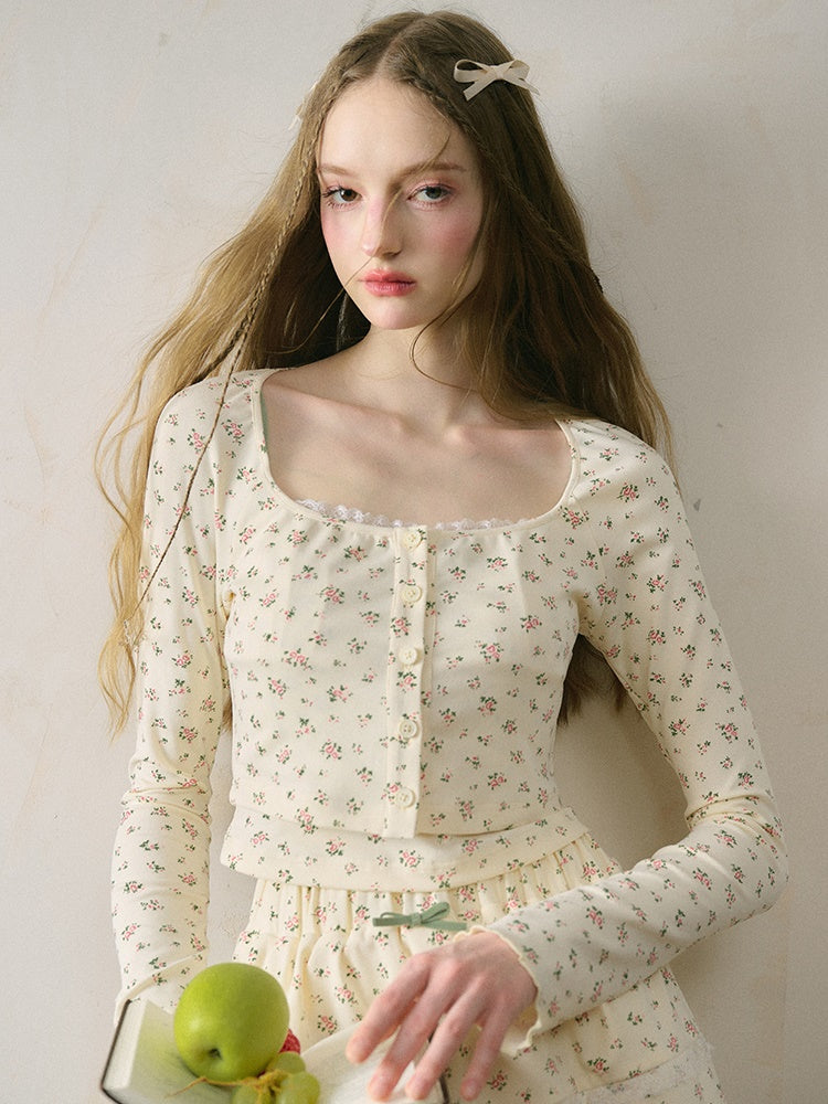 French Floral Girly Camisole & Cropped Cardigan & Skirt