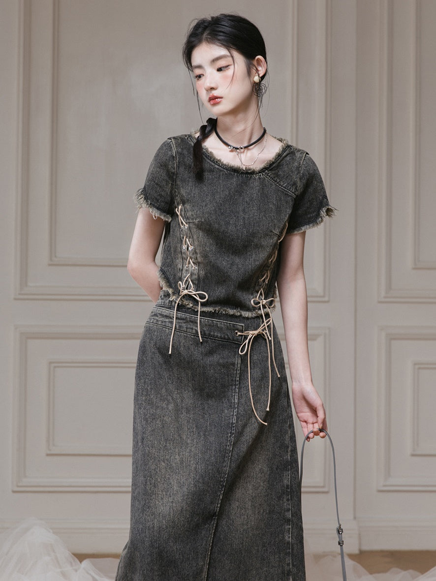 Distressed Washed Denim Lace-Up Top & Wrap Skirt Set-up