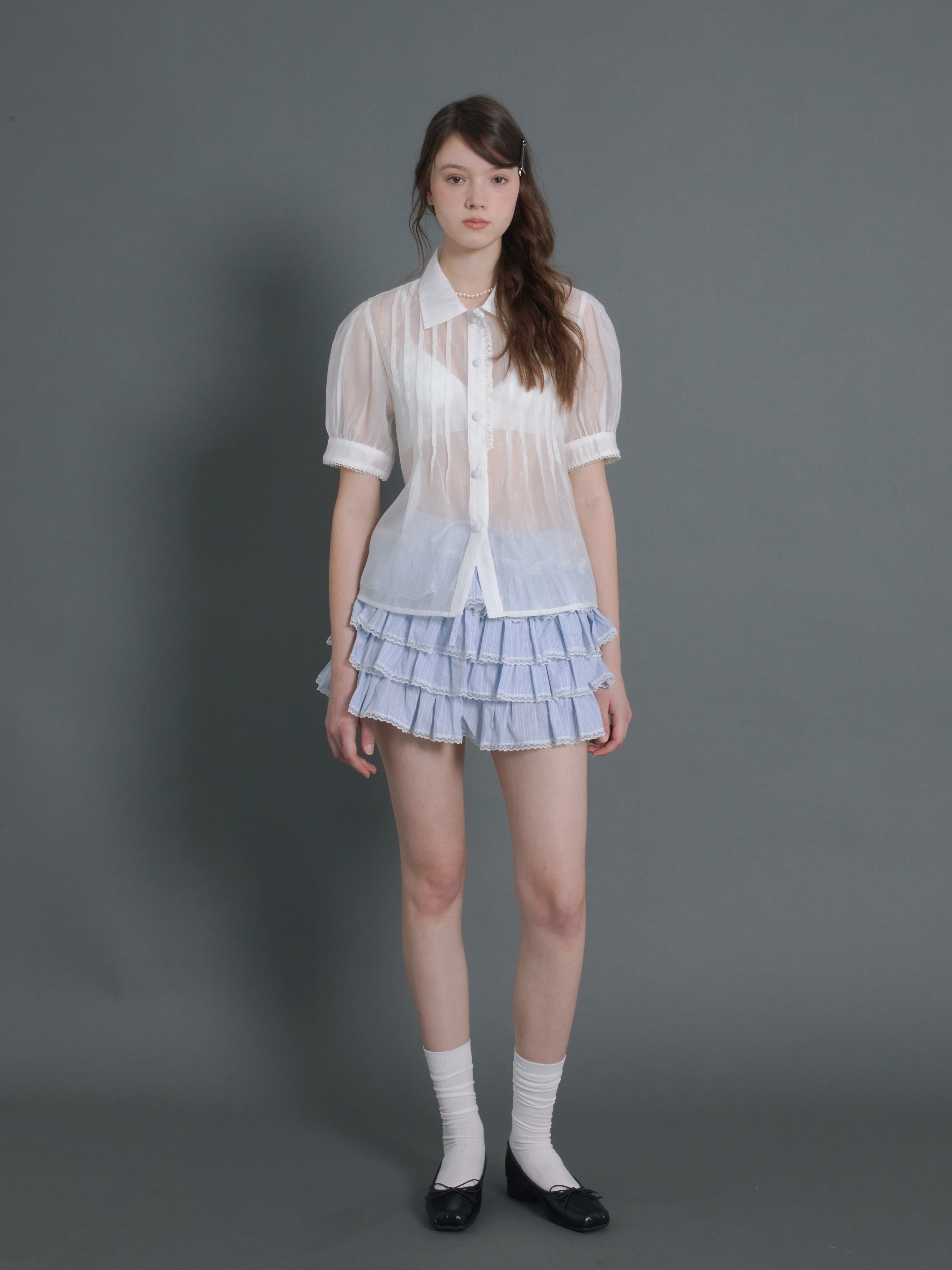 Pin Tuck Puff Sleeve Sheer Shirt