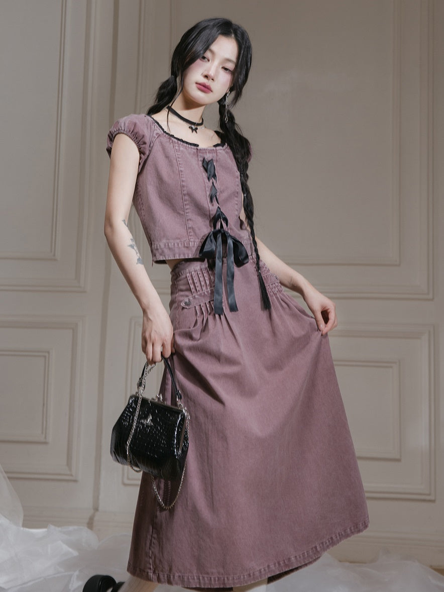 Washed Denim Lace-Up Top & A-Line Skirt Set-up