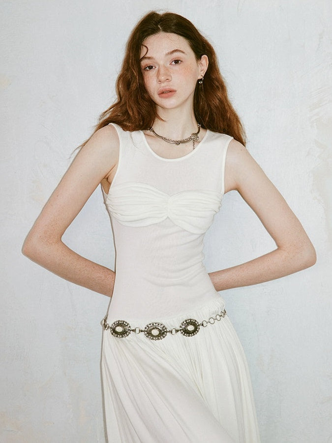 Pleated Draped Sheer Sleeveless Long Dress