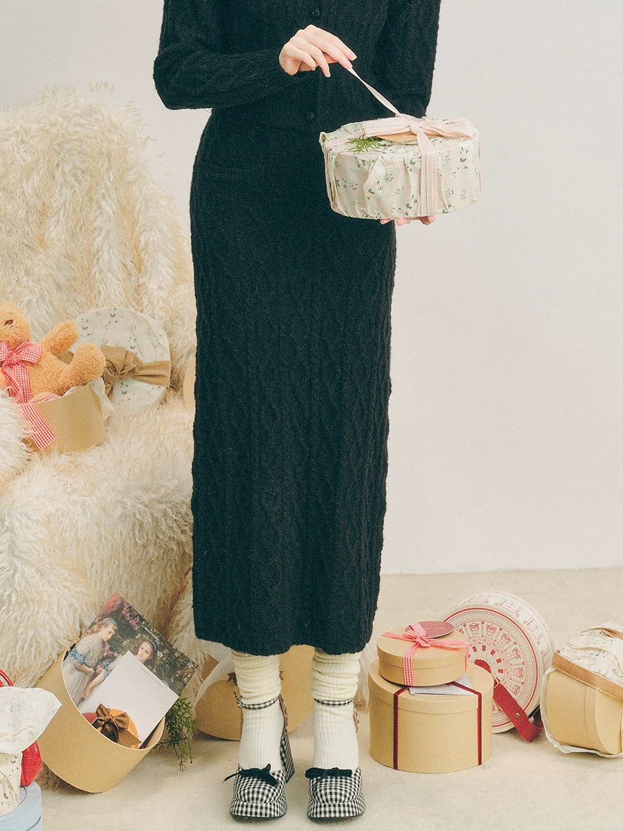 Fur Collar Twist Knitted Cardigan & Long Skirt