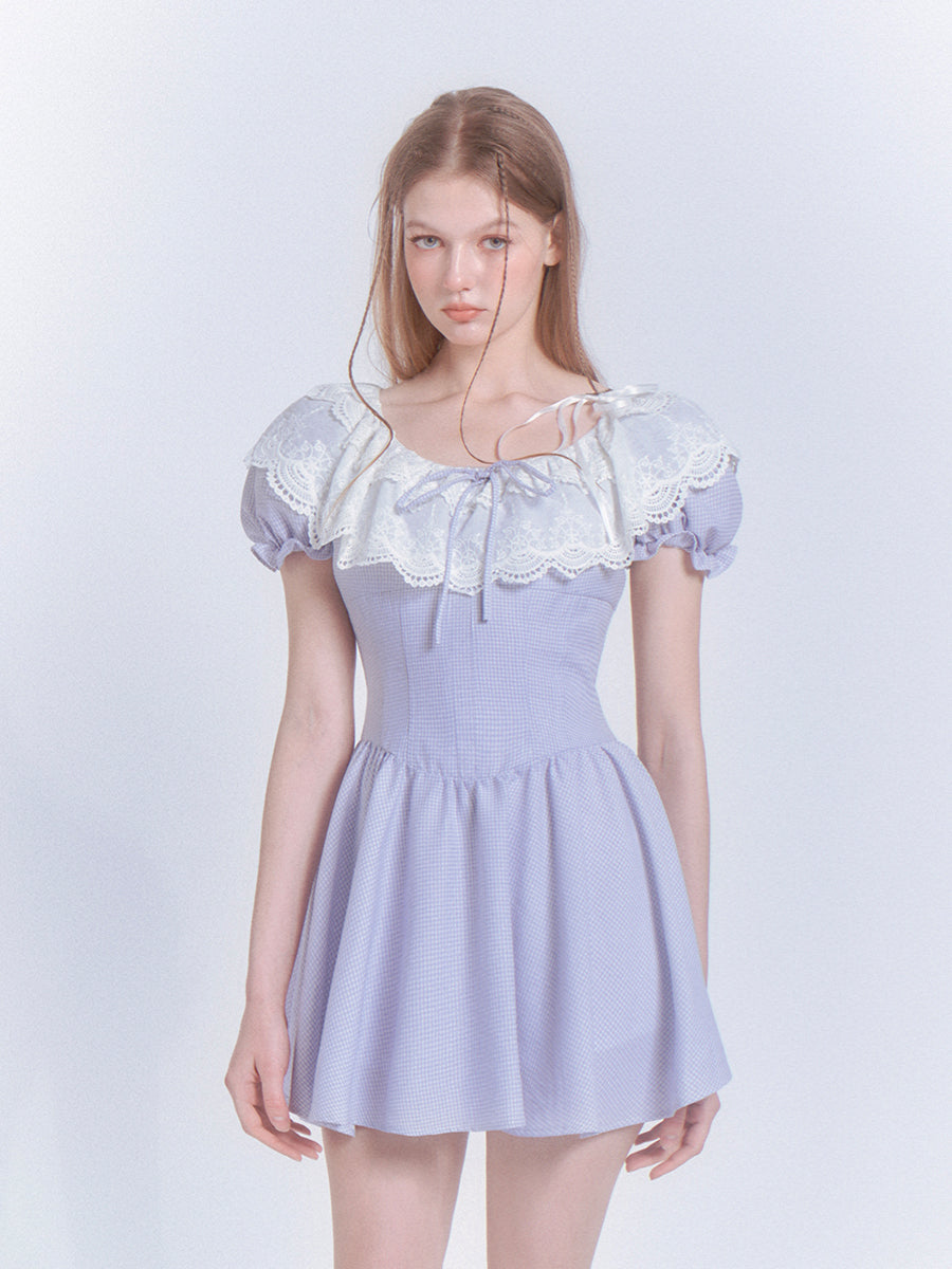 Netzspitze Stickerei Prinzessin Puffärmel Kleid