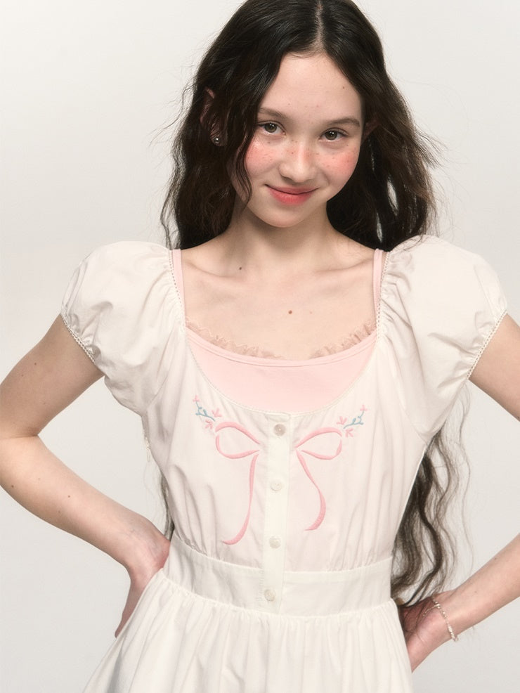 French Retro Bow Embroidery Puff Sleeve A-line One-piece