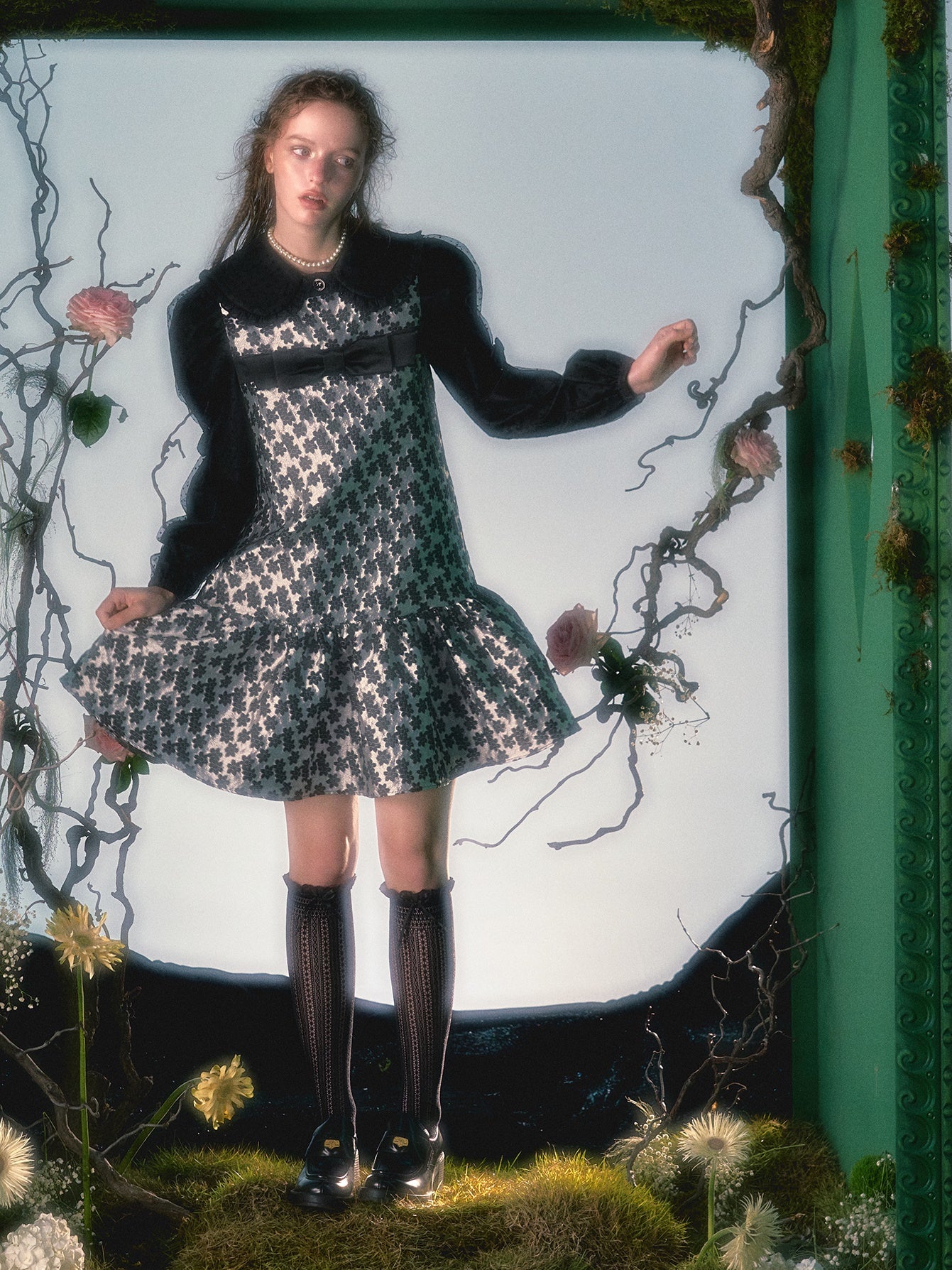 Blumenjacquard Ribbon Puffy Sundress