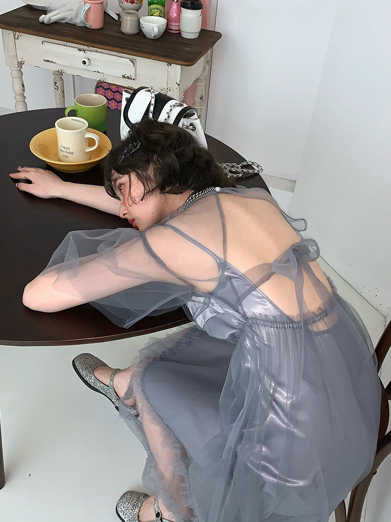 Mesh backless Strap Dress & Fairy Sling Skirt Set-UP