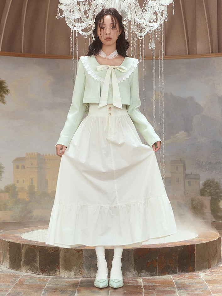 레이스 스티치 주름 짧은 상단 & ruffle long skirt