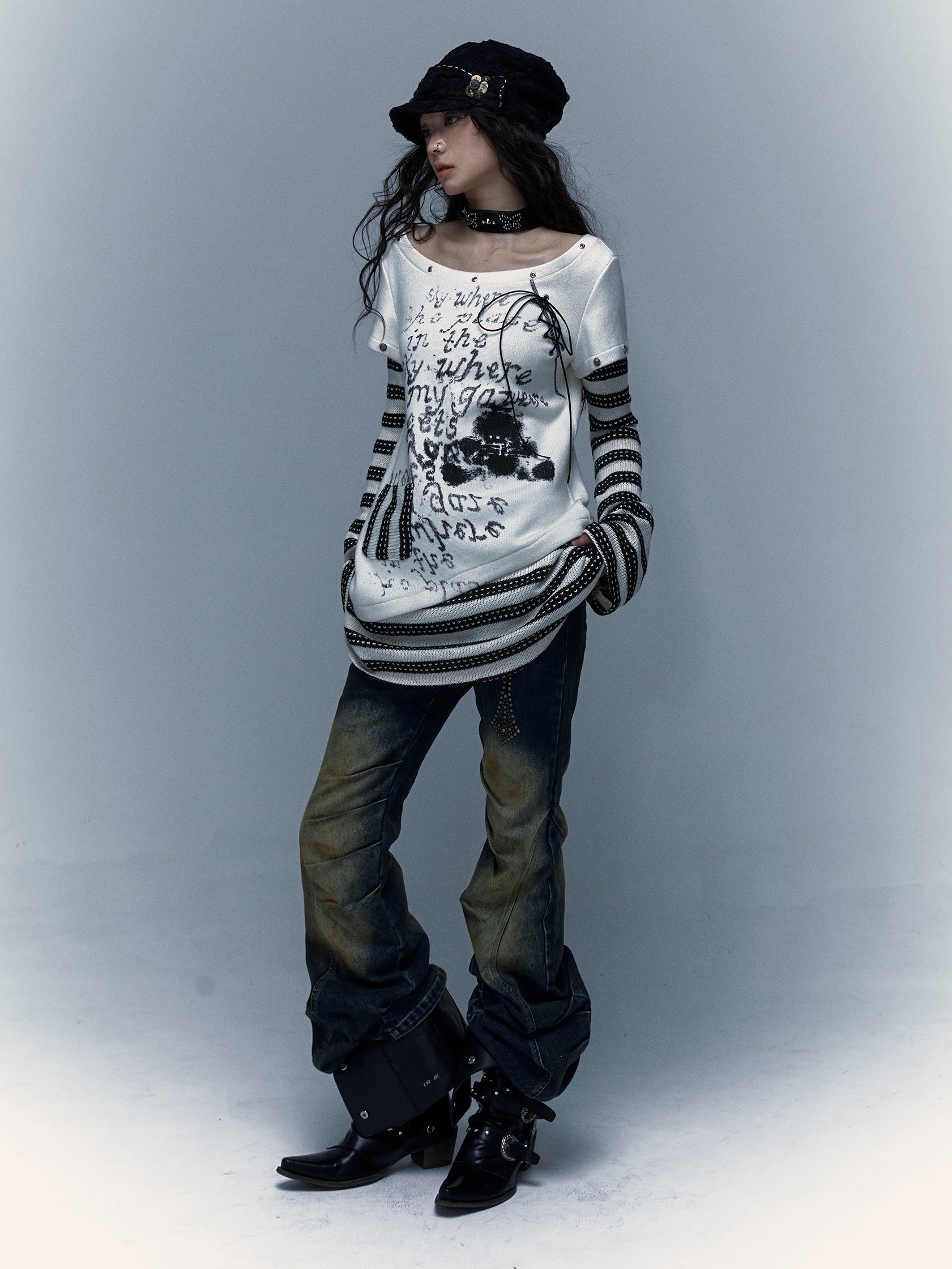 펑크 스 플라이 싱 스트라이프 프린트 긴팔 티셔츠