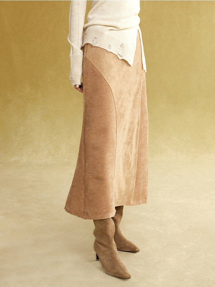 Fake Suede Curved Patchwork Skirt