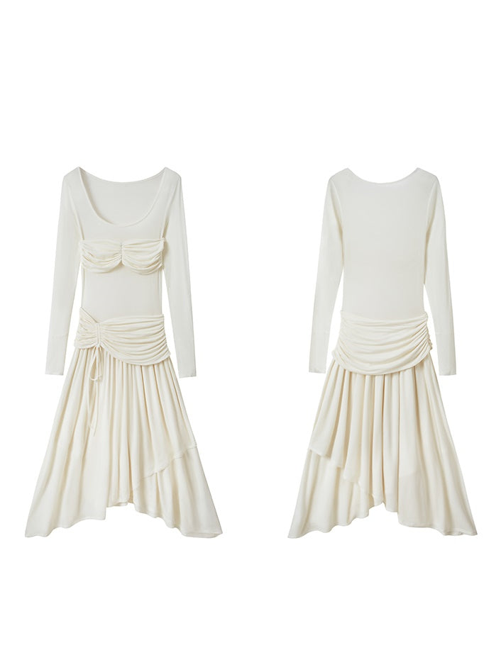 Classic Pleated Stitch Long-sleeved Sheer Dress