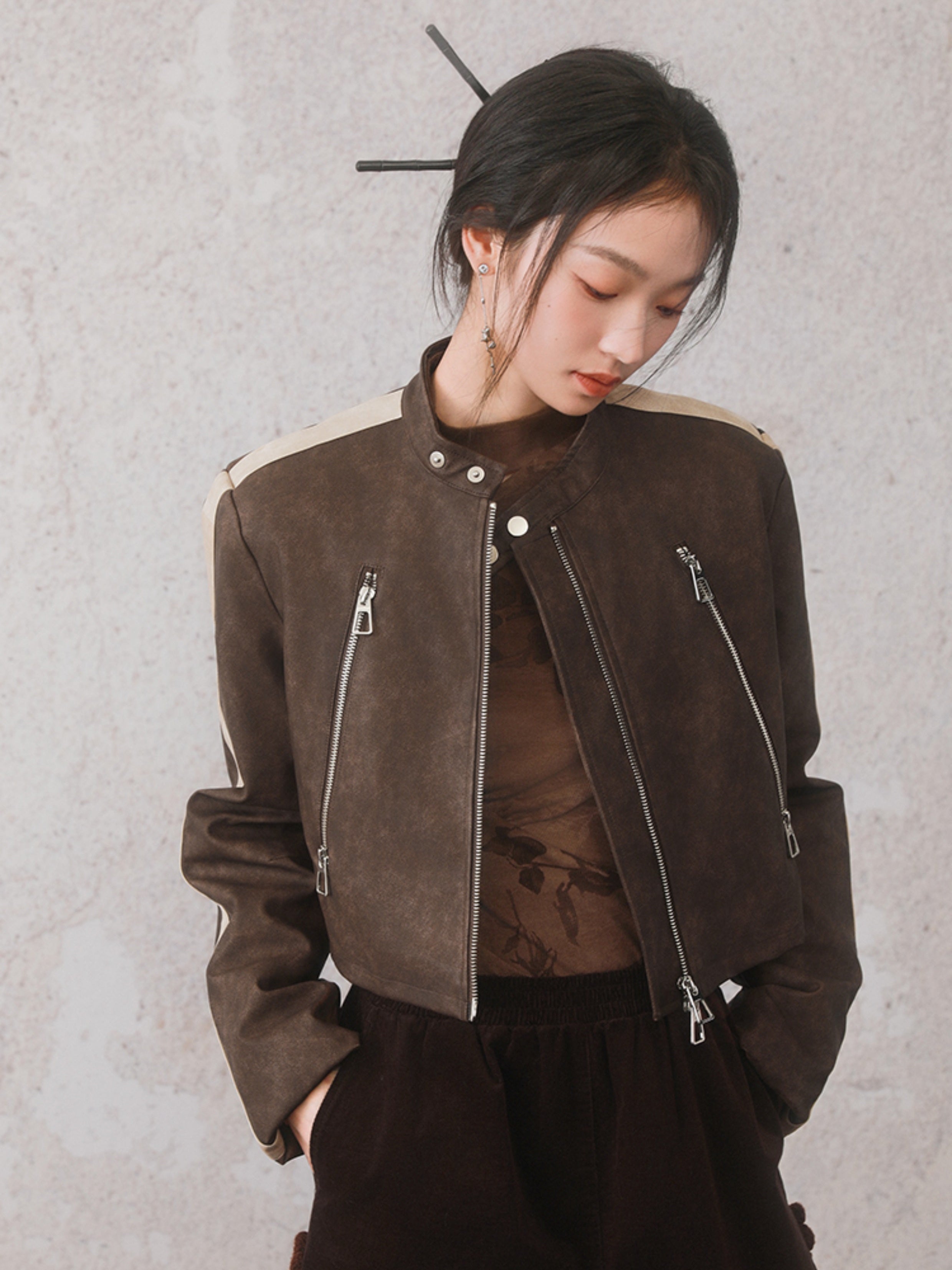 Motorcycle Design Leather Short Jacket