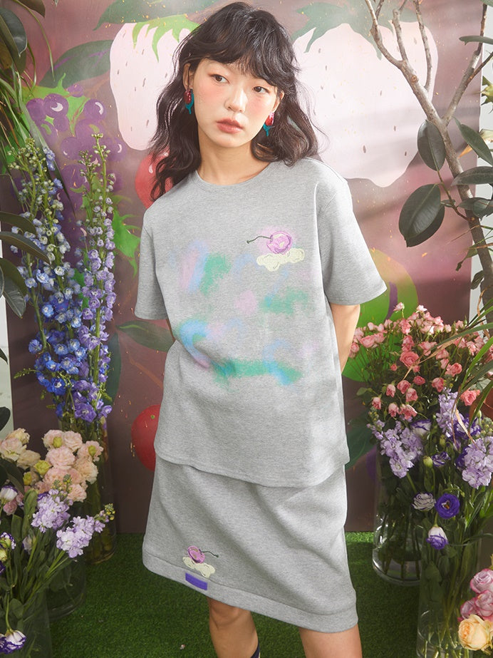Cherry Embroidery Short Sleeve T-shirt & Sweat Straight Loose Skirt