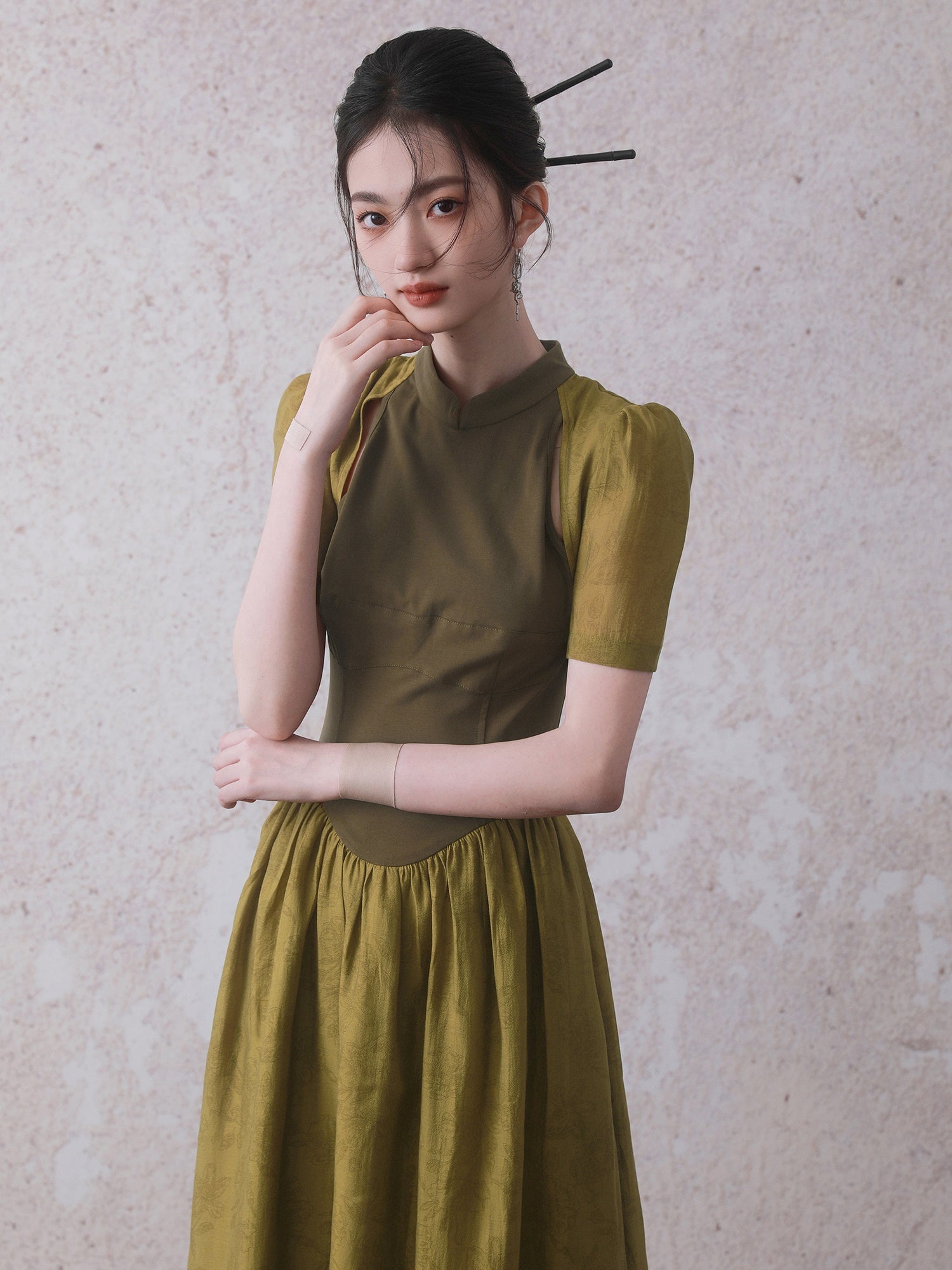 Stitching Stand Collar Improved Waist Short Sleeve Dress