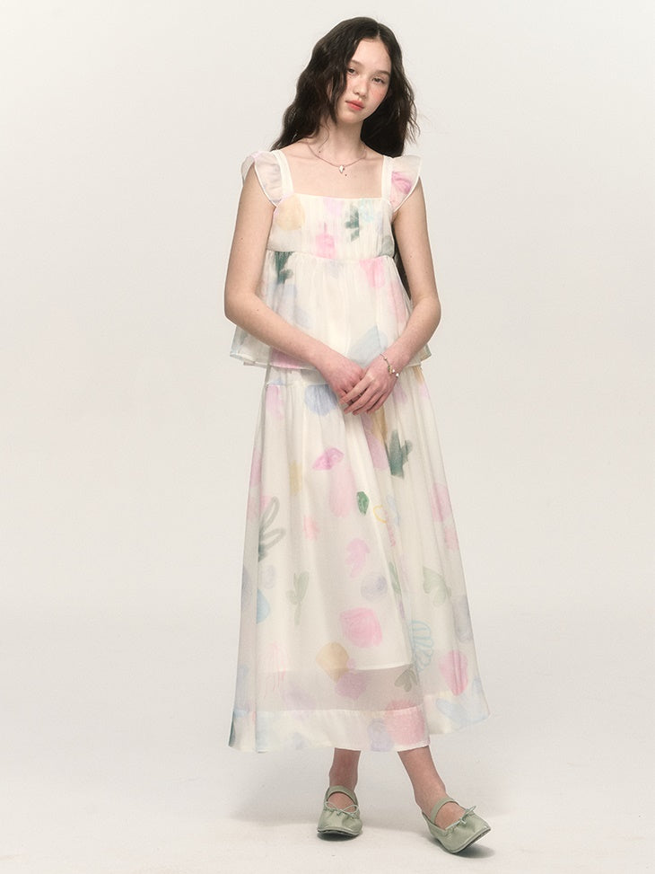 Printed Small Flying Sleeve Top & A-line Skirt