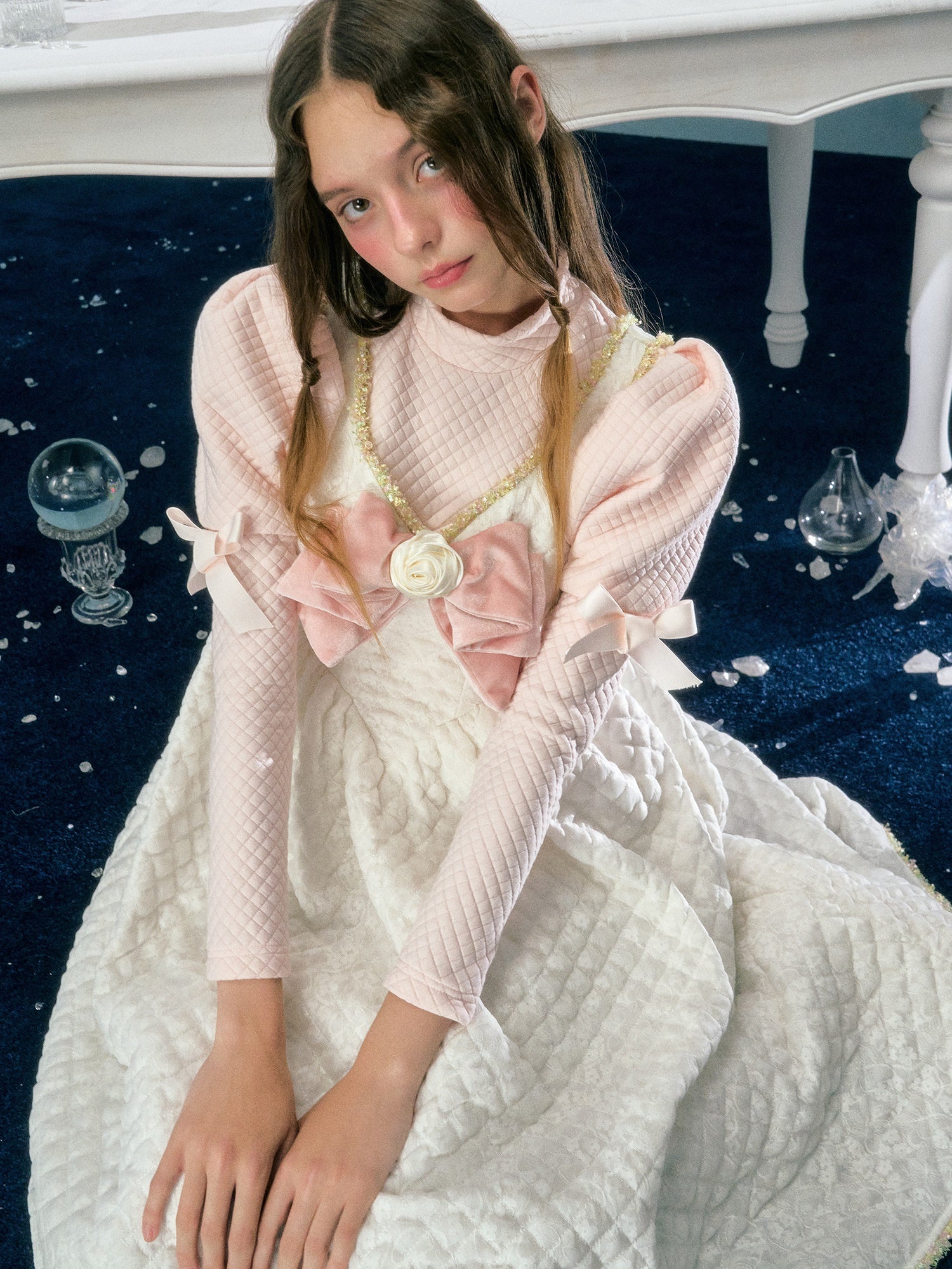 Lace Bow Flower Decoration Padded Suspender Dress & Puff Sleeve Top