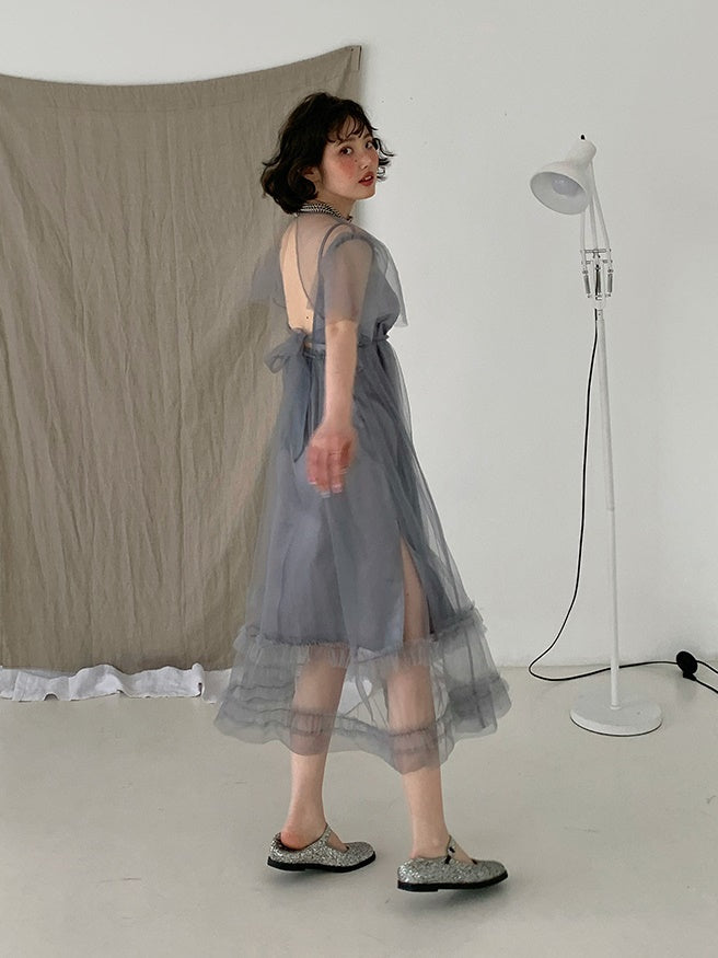 Mesh backless Strap Dress & Fairy Sling Skirt Set-UP