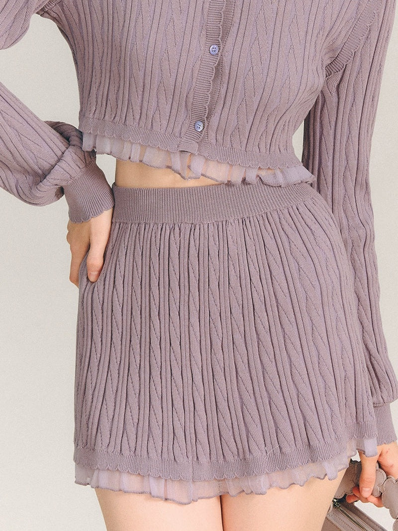 레이스 트리밍 케이블 니트 가디건 & 스커트