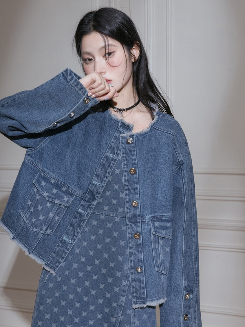 Raw Edge Jacquard Denim Jacket & Butterfly Suspender Skirt