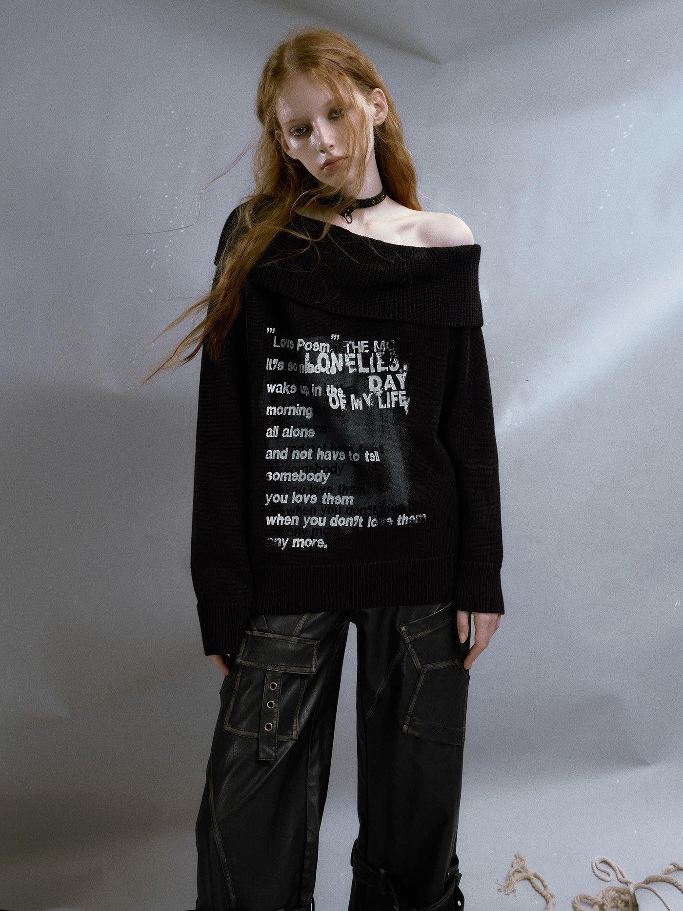 Punk Print One-Shoulder Loose Sweater