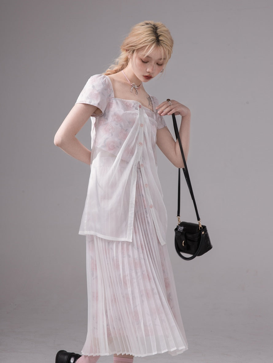 층상 깎아 지른 꽃 탑 & 주름 스커트