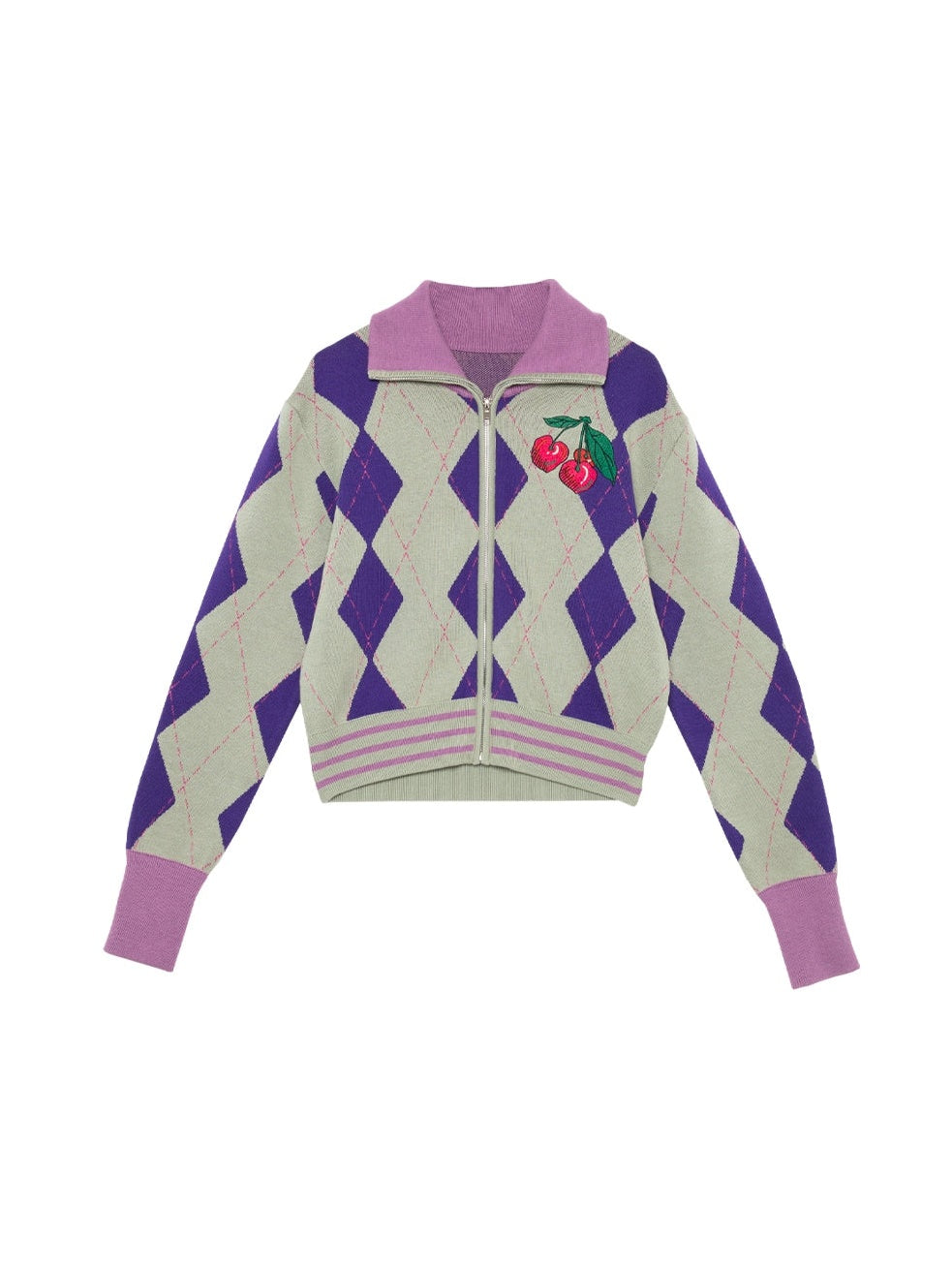 Cherry Embroidered Argyle Knitted Zipper Cardigan