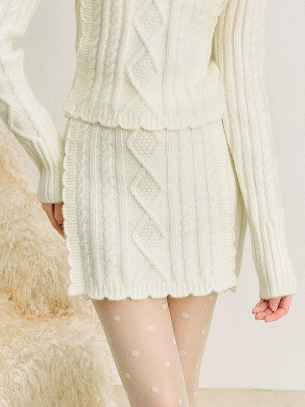 케이블 병 넥 솜털 니트 스웨터 및 프릴 니트 스커트