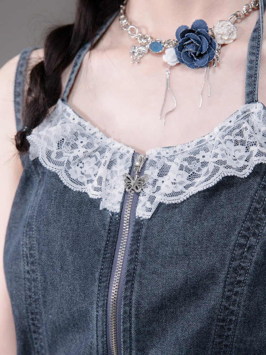 Double Strap Lace Stitch Denim Camisole & Wide-Leg Jeans Set-up