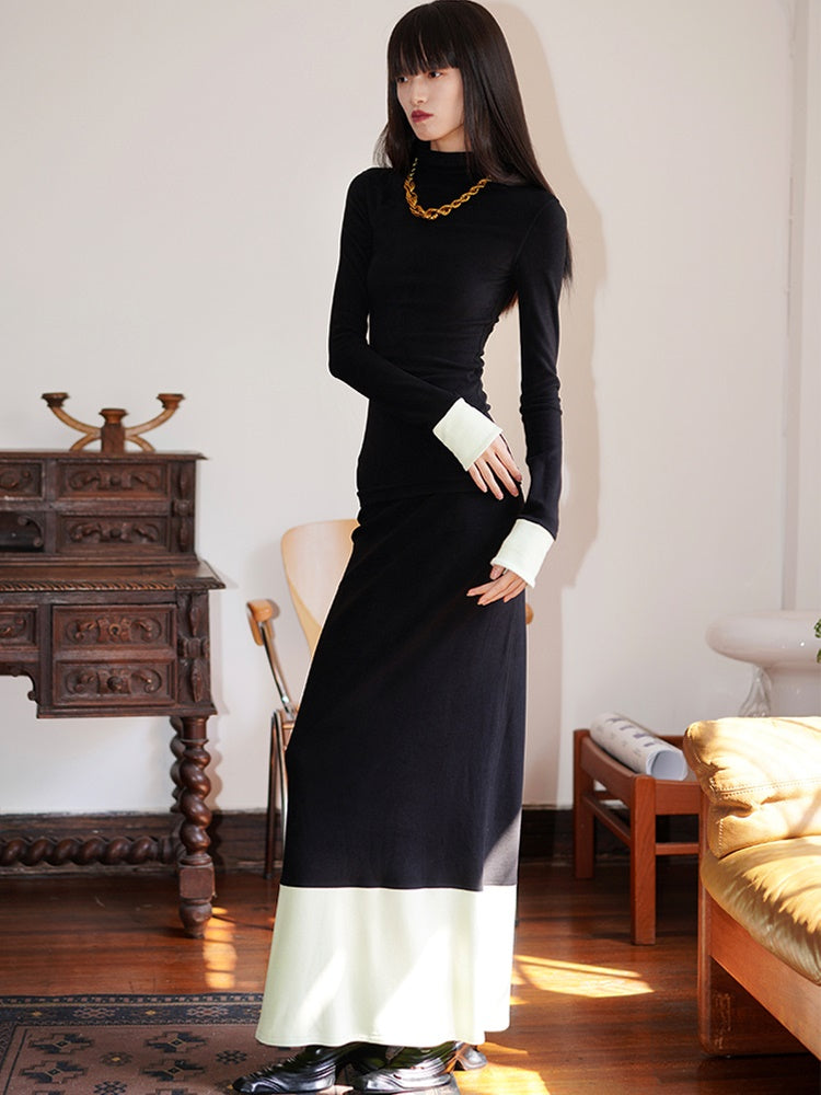 대비 컬러 긴 해협 치마