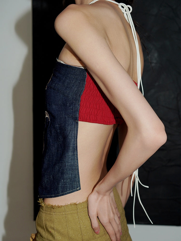 Blumendesign Stickerei anhalte Hals -Denim -Camisole