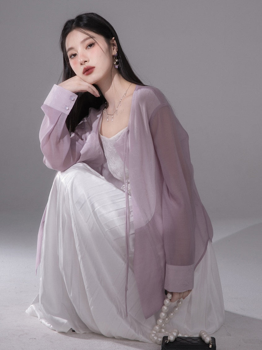 No Collar Sunscreen Shirt & Sheer Skirt