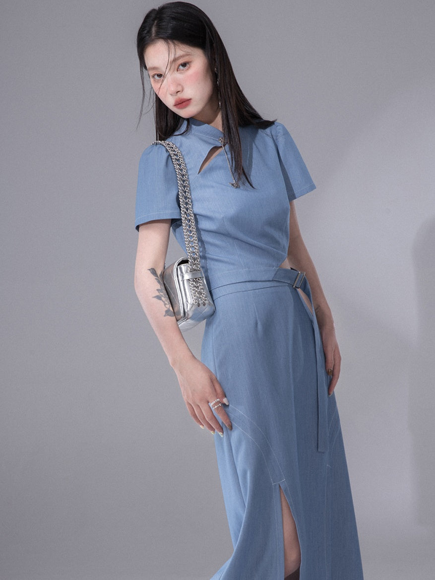 Cut-out Chinese Short Sleeve Top & Slit Skirt Set-up